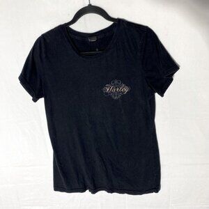 5/$25 Harley-Davidson Black Short Sleeve T Shirt W Laser Cut Logo Shape On Back